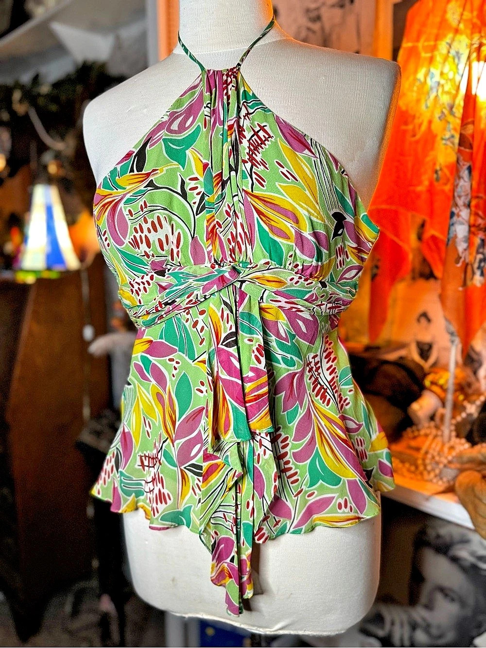 Floral Halter Peplum Top in Green & Pink Like New